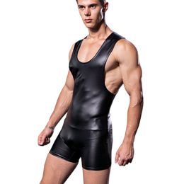 Negro oro plata hombres metálico imitación cuero camisetas sin mangas Mono corto Sexy ajustado body Fitness lucha Shapewear