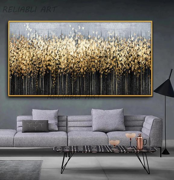 Pintura abstracta dorada negra, carteles de hojas, impresiones en lienzo, imágenes artísticas de pared para sala de estar, decoración moderna para el hogar, árbol Quadros2099870