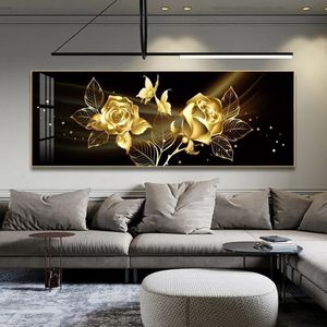 Noir doré Rose fleur papillon abstrait mur Art toile peinture affiche impression Horizonta photo pour salon chambre Decor304Y