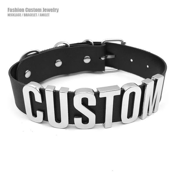 Black Goth Belt Pu Lettres personnalisées Collier de tour de cou Punk Sexy Men Femmes Colliers personnalisés Bouton Chocker Cosplay Bijoux 240430