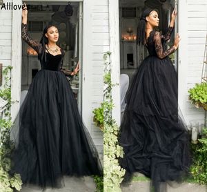 Noir Gothique Une Ligne Robes De Mariée Velours Manches Longues Dentelle Vintage Boho Robes De Mariée Sexy Dos Ouvert Avec Tulle Long Train Deuxième Robe De Réception Pour Les Mariées CL1227