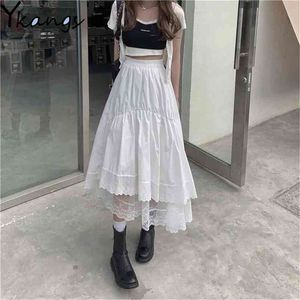 Noir gothique dentelle couture jupe plissée irrégulière femmes blanc vintage taille haute jupe longue coréenne solide hip hop streetwear 210721