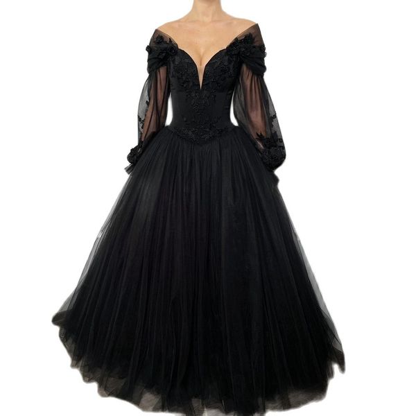 Robes de bal gothiques noires, col en V, manches longues bouffantes, robes de soirée en dentelle avec des Appliques de perles