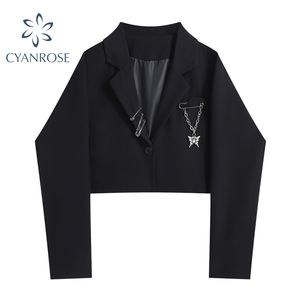 Zwarte Gothic Punk Crop Blazer Coat Streetwear V-hals Slanke Sexy Cardigan Jacket met Broche Vrouwelijke Vintage Mode Bovenkleding 210417