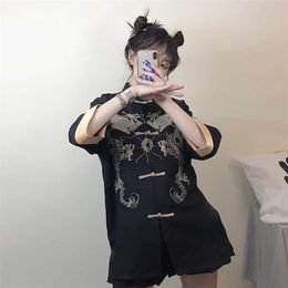 Zwart gotisch tang pak shirt jurk voor meisjes vrouwen Chinees traditionele blouse single breasted draken borduurwerk jasje 210702