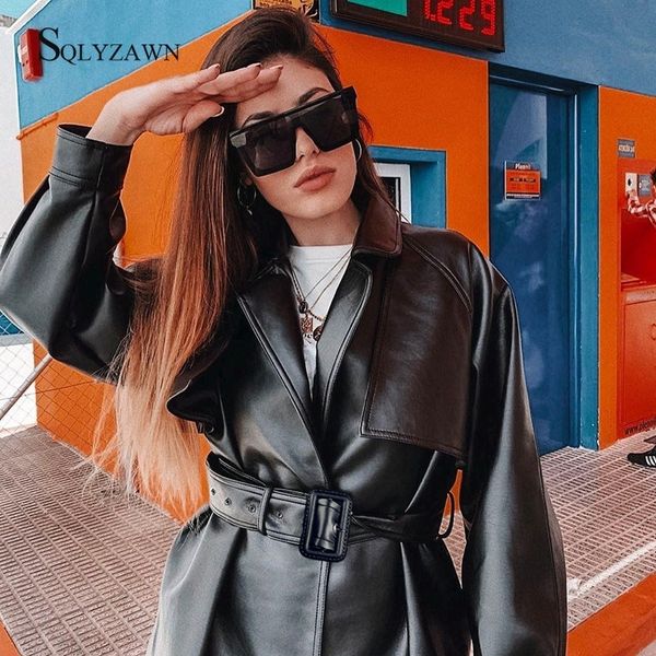 Black Gothic Trench Coat Femmes d'automne Streetwear Faux Leather PU avec Bandage Breend Ladies Fashion Motorcycle Veste Outwear 201020