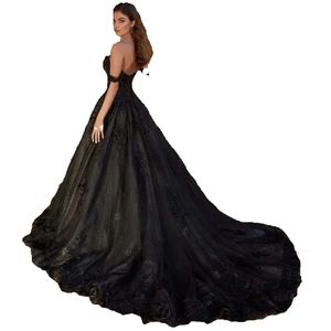 Dirección de boda gótica negra 2023 Vestido Aplique A-Line Long Tulle Sequin Bridal Gowns Sweetheart Factline fuera del hombro GG Vintage GG