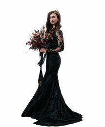 Zwarte Gothic Wedding Dres Lg Mouwen V-hals Kant Mermaid Bruidsjurken Vintage Sexy Backl Land Bruid Dragen 2023 Vestido a405 #