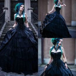 Zwart Gothic Bruiloft Vintage Jurken Bruidsbaljurk Kant Appliqué Schouderafhangend Ruches Op maat Grote maten Tuinkapel Vestido De Novia 2022