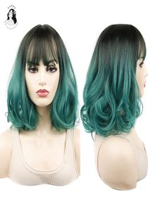 Perruque synthétique bouclée courte Qi Liu Hai pour femme, dégradé noir vert foncé, Wigs1583486