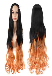 Zwart gradiënt oranje lang krullend haar anime cosplay wig0128127410