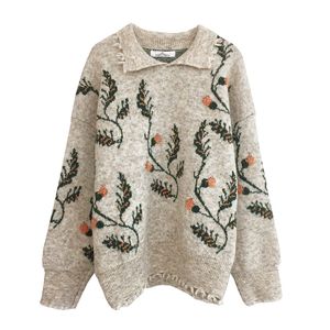Zwart Gray Floral Sweater Turn Down Collar Gebreide Pullovers Lange Mouw Losse Herfst Winter Koreaanse Stijl M0224 210514