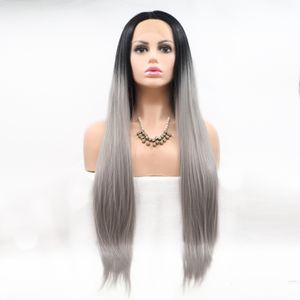 Black Grey Long Right Hair Europe America Womens Synthetic Lace Wig Front Wig Glueless Wigs Frontal Perreaux Strucy Wig résistante Fibre Party Laces Wigs Wigs