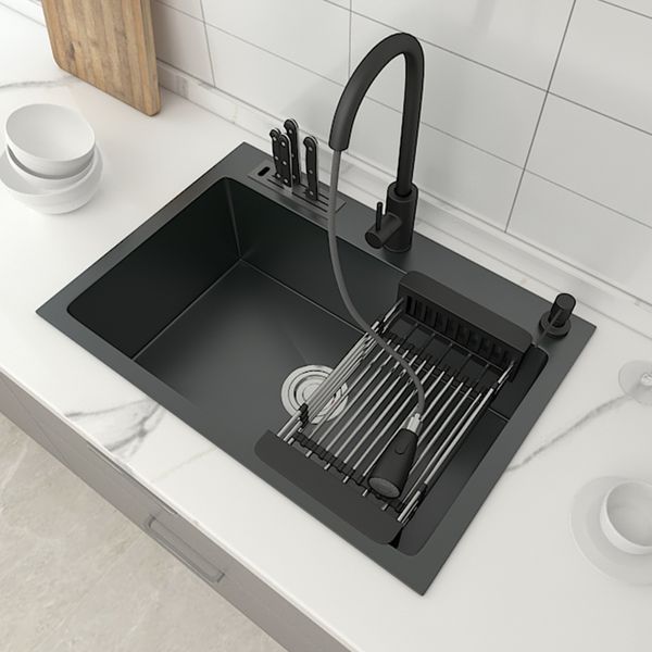 Évier de cuisine en acier inoxydable à gris noir avec porte-couteau Topmount Single Bowl Wash Basin pour accessoires de drainage de la maison