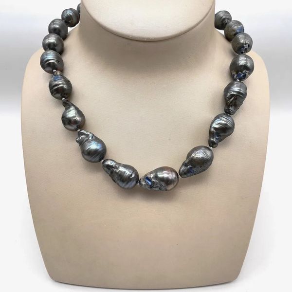 Collier baroque en forme de boule de flamme nucléée, couleur noir et gris, perles d'eau douce 100% naturelles, 13-22mm, 240301
