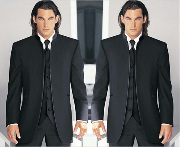 Esmoquin de novio negro solapa mandarín mejor hombre padrinos de boda hombres trajes de boda novio (chaqueta + Pantalones + corbata + chaleco) hecho a medida KM6004