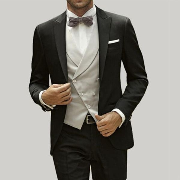 Black Groom Tuxedos Peak Lapel Padrinos de boda para hombre Vestido de novia Popular Hombre Chaqueta Blazer Cena de graduación Traje de 3 piezas (Chaqueta + Pantalones + Chaleco + Corbata) 26