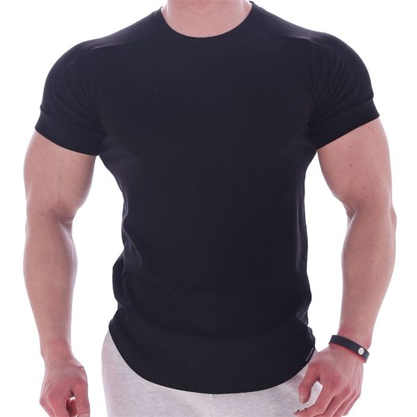 Noir Gym t-shirt Hommes Fitness Sport Coton T-Shirt Mâle Bodybuilding Workout Skinny Tee Été Casual Solide Tops Vêtements 210707