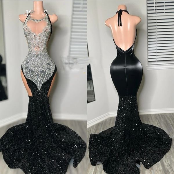 Robe De bal longue noire pour filles noires, col licou, perles, cristal, strass, robes De fête d'anniversaire, paillettes, robes De soirée, 2024