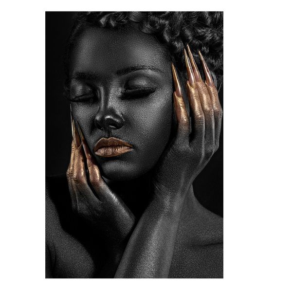 Pintura al óleo sobre lienzo de mujer africana desnuda, labios dorados y manos negras, carteles e impresiones, imagen artística de pared para sala de estar
