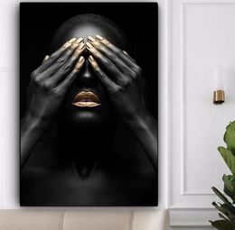 Zwarte Hand Gouden Lip Afrikaanse Vrouw Canvas Schilderij Body Art Posters en Prints Abstract Wall Art Foto voor Woonkamer Home Decor5287174