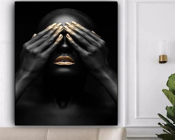 Black Hand Gold Lip African Woman Canvas Peinture des affiches d'art corporel et imprimés Image d'art mural abstrait pour le salon décor de la maison5436994