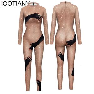 Black Hands Touch Shinny Body Print Sexy Beyonce Mujeres Mono Disfraces Carnaval Cosplay Manga larga Traje femenino 231229