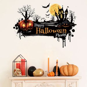 Autocollants muraux noirs joyeux Halloween citrouille chauve-souris lune arbre Slogan, sparadrap muraux de Festival, autocollants décoratifs pour la maison pour verre mural