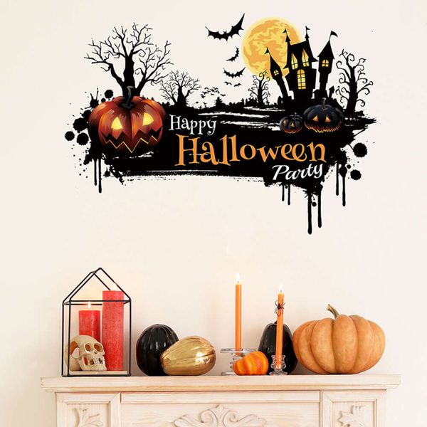 Pegatinas de pared con eslogan de árbol, luna, murciélago, calabaza, feliz Halloween, color negro, calcomanías de pared para festival, pegatinas decorativas para el hogar para pared de vidrio