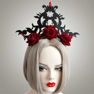 Corona de diadema negro con rosas rojas estilo gótico exagerado de las bandas de cabello queen para el cabello para joyas de rendimiento de cosplay