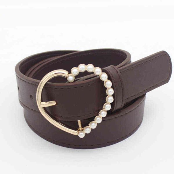 Noir coeur ceinture incrusté perle Simple femmes ceintures marque de luxe Faux cuir ceintures pour robe femme taille haute 2020 Y220301