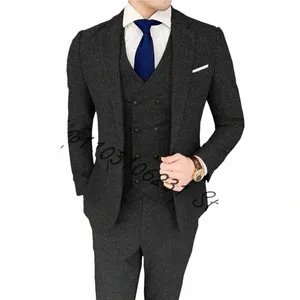 Zwarte Herringbe Tweed Formele Mannen Pakken voor Winter 3 Stuk Bruiloft Bruidsjonkers Tuxedos Mannelijke Jas Vest Broek Trajes De Hombre B9Yw #