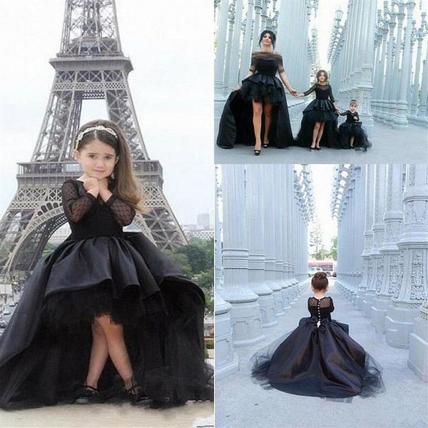 Black Hi Lo Pageant Robes pour filles bijou à manches longues robes de fille fleurie pour les tout-petits adolescents enfants de la fête d'usure formelle DR277O