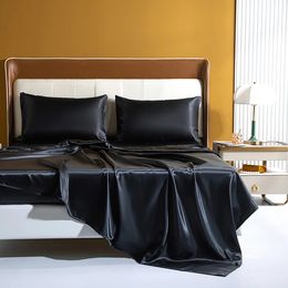 Zwart high-end rayon satijn 4 stks gemonteerde platen set zijdeachtige vaste kleur let laken elastische bandbladen gladde linheet matras cover 240410