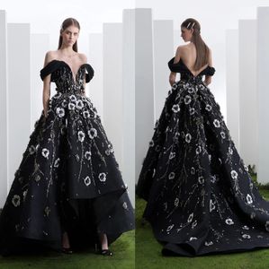 Black High Low Beaded Backless Prom Dresses Off The Shoulder A Line Formele jurk Sweep Train 3D bloemen geappliceerd avondjurken