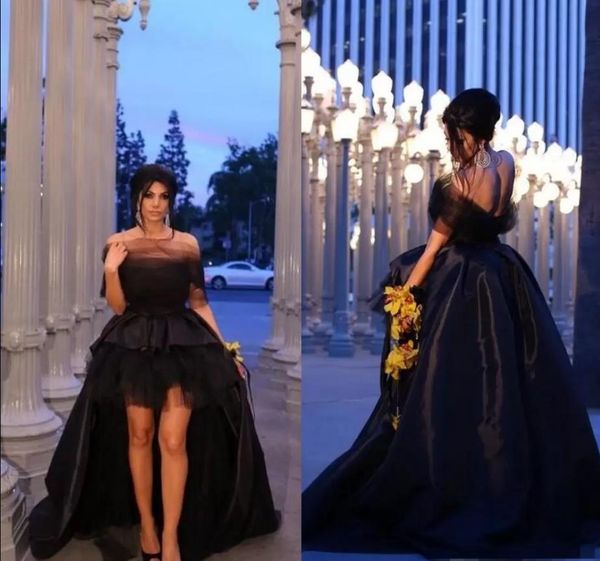 negro Alto Bajo Negro Vestidos de fiesta sin espalda Satén Tul Barrido de tren Falda con gradas Cariño Fuera del hombro Vestidos de noche Ropa para ocasiones formales Tallas grandes