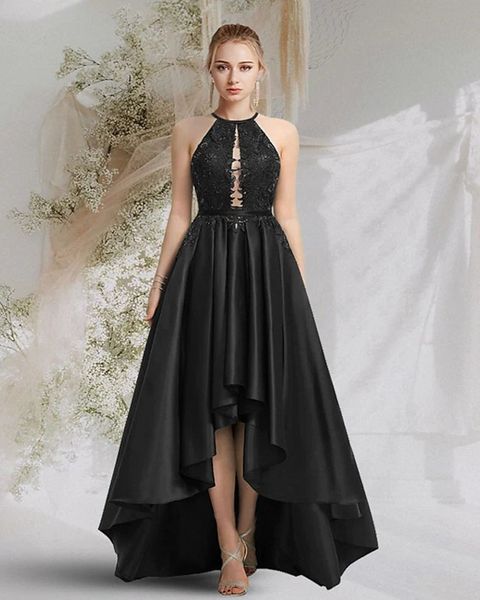 Black High Low Low Out Formfical Vestidos de noche 2022 Halter Cuello sin respaldo Cordón de respaldo Satén Bata de cumpleaños Robe Soiree Vestidos