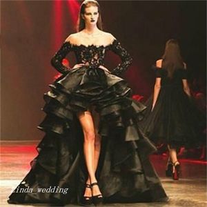 Vestido de fiesta alto bajo negro con manga larga Encaje sexy Organza Desgaste del desfile de mujeres Vestido para ocasiones especiales Vestido de fiesta de noche