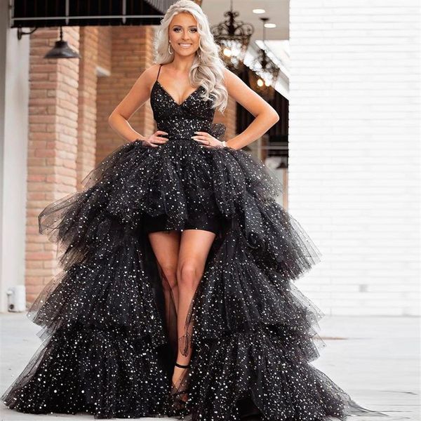 Noir Haut Bas Vague Point Robes De Soirée Spaghetti Strap Dos Nu Robe De Bal Occasion Spéciale Robe Poofy Tulle Robe De Soirée248S