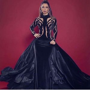 Robes de soirée noires à col haut et manches longues 2017 Robe de bal sirène avec surjupe Arabie saoudite Femmes Tenue de soirée Robes de soirée cocktail