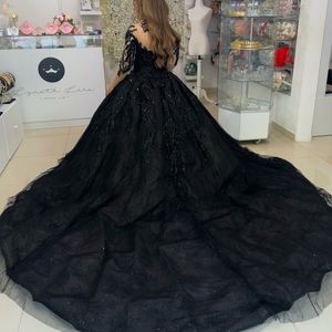 Vestido De fiesta negro con cuello alto y lentejuelas y volantes, Vestidos De quinceañera, corsé De manga larga, Vestidos De 15 años