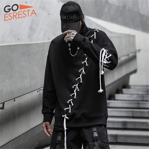 Zwarte hiphop drawstring splicin sweatshirts mannen Japanse streetwear oversized trekkoord pullovers casual katoenen pullover jas 201126