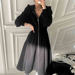 Robe à capuche noire femme fermeture éclair taille haute robe vêtements coréen mince élégant OL es femme printemps automne 210603