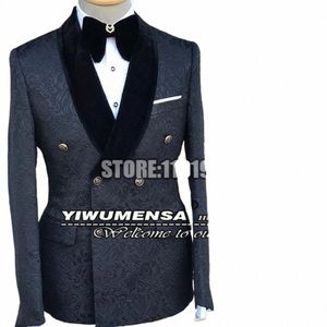 Zwart Jacquard Mannen Pakken Slim Fit Piekte Revers Veet Double Breasted Blazer Set Bruiloft Tuxedo Jacket + Vest + Broek 3 Stuks 2022 d4kq #