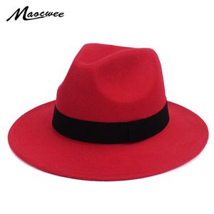Zwarte jazz fedoras voor vrouwen vintage brede rand fedora hoed floppy cloche mannen gangster hoed chapeu casual effen roze rode botten 2018 D19011102
