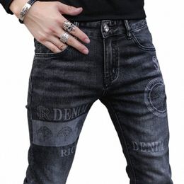 Jeans negros para hombres Fi Street Hip-Hop Masculino Estilo Punk Denim Hombre Pantalones Otoño Hombres Elásticos Slim Fit Jeans de alta calidad para hombres T71e #