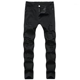 Siyah kot erkekler yeni esneklik delik tasarımı erkek kot pantolon uzun pamuklu moda yüksek kaliteli marka büyük boy pantolon dropship1293p