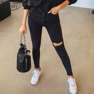 Zwarte jeans sexy vrouwen hoge taille gescheurde gaten denim broek vrouwelijke broek potlood skinny 10401 210506