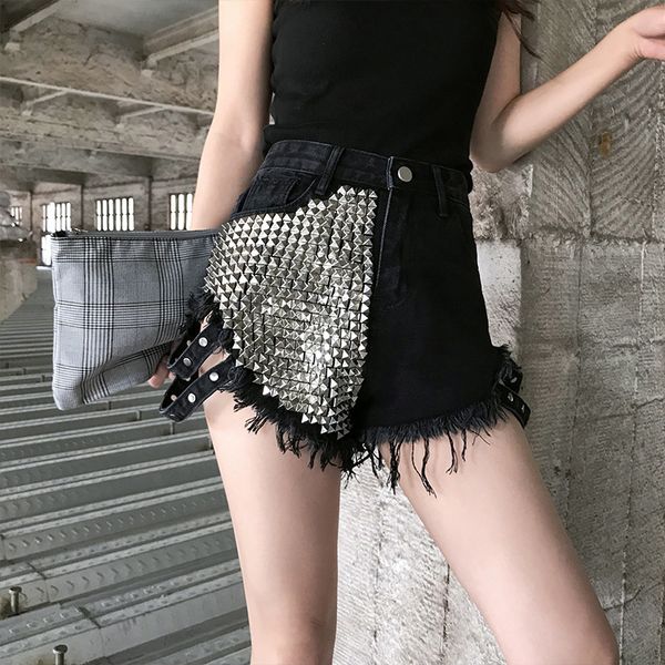 Short en jean noir pour femmes, taille haute, rivets déchirés, Punk, étudiantes, BF, personnalité, jambes larges, pantalons chauds, Streetwear