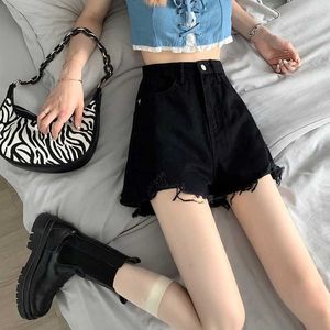 Zwarte jeans shorts dames 2024 zomer Koreaanse versie met gaten hoge taille afslanke hot pants pittig meisje wijd been